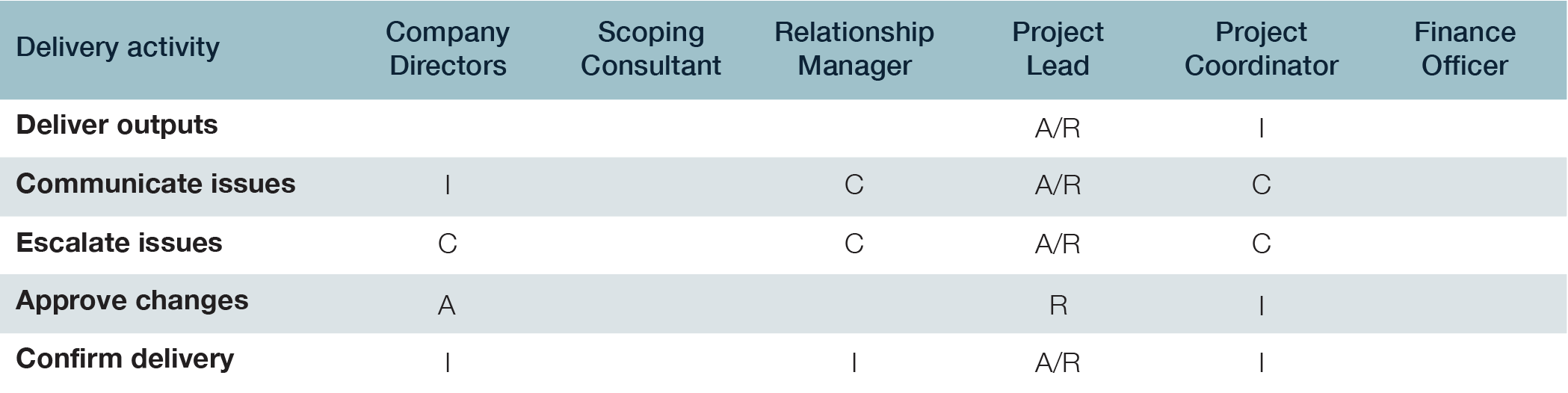 RACI for delivery activities